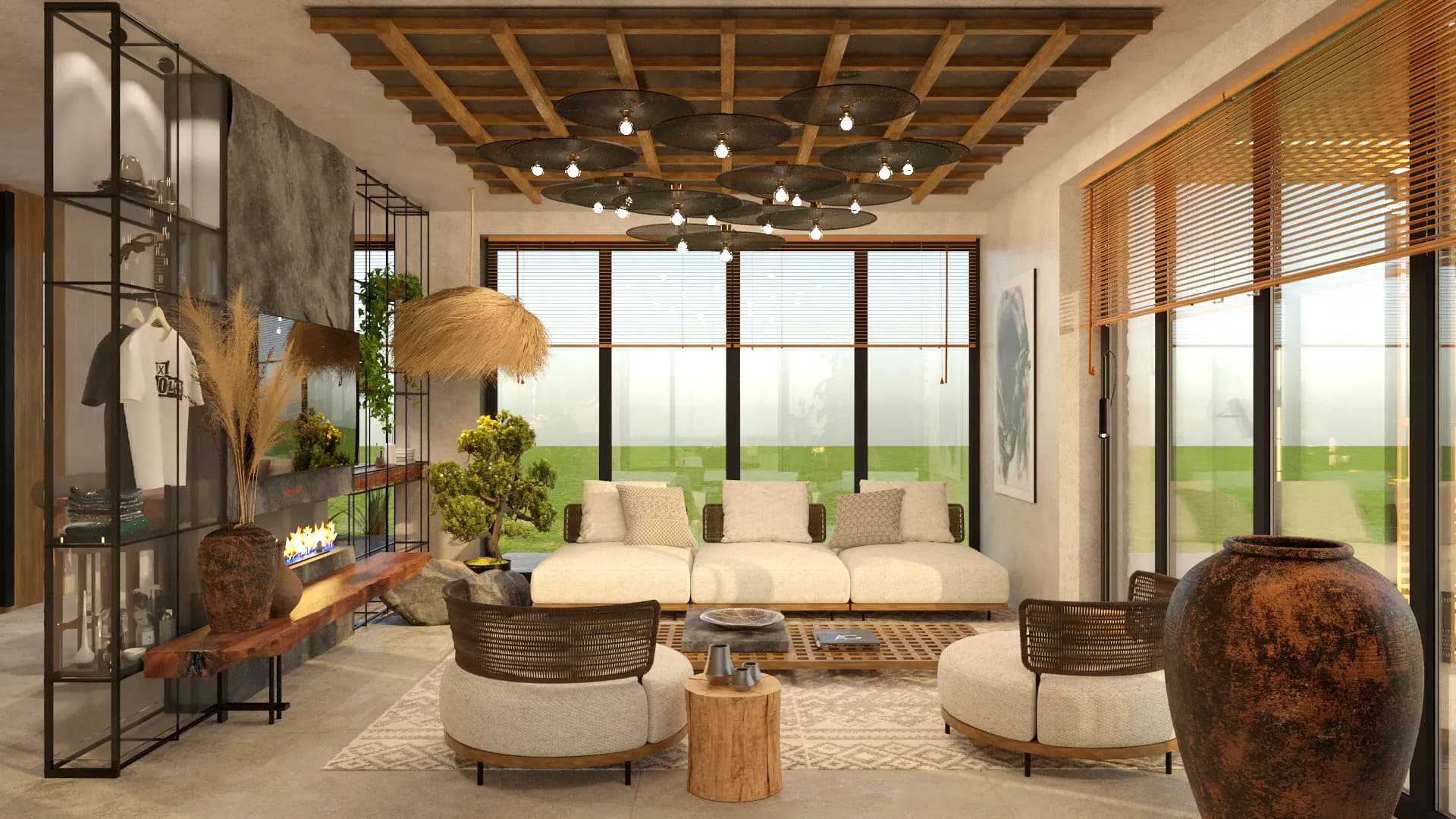 Reception area for a holiday resort, developed as a concept design inspired by Wabi-Sabi aesthetics with a subtle Mediterranean character.